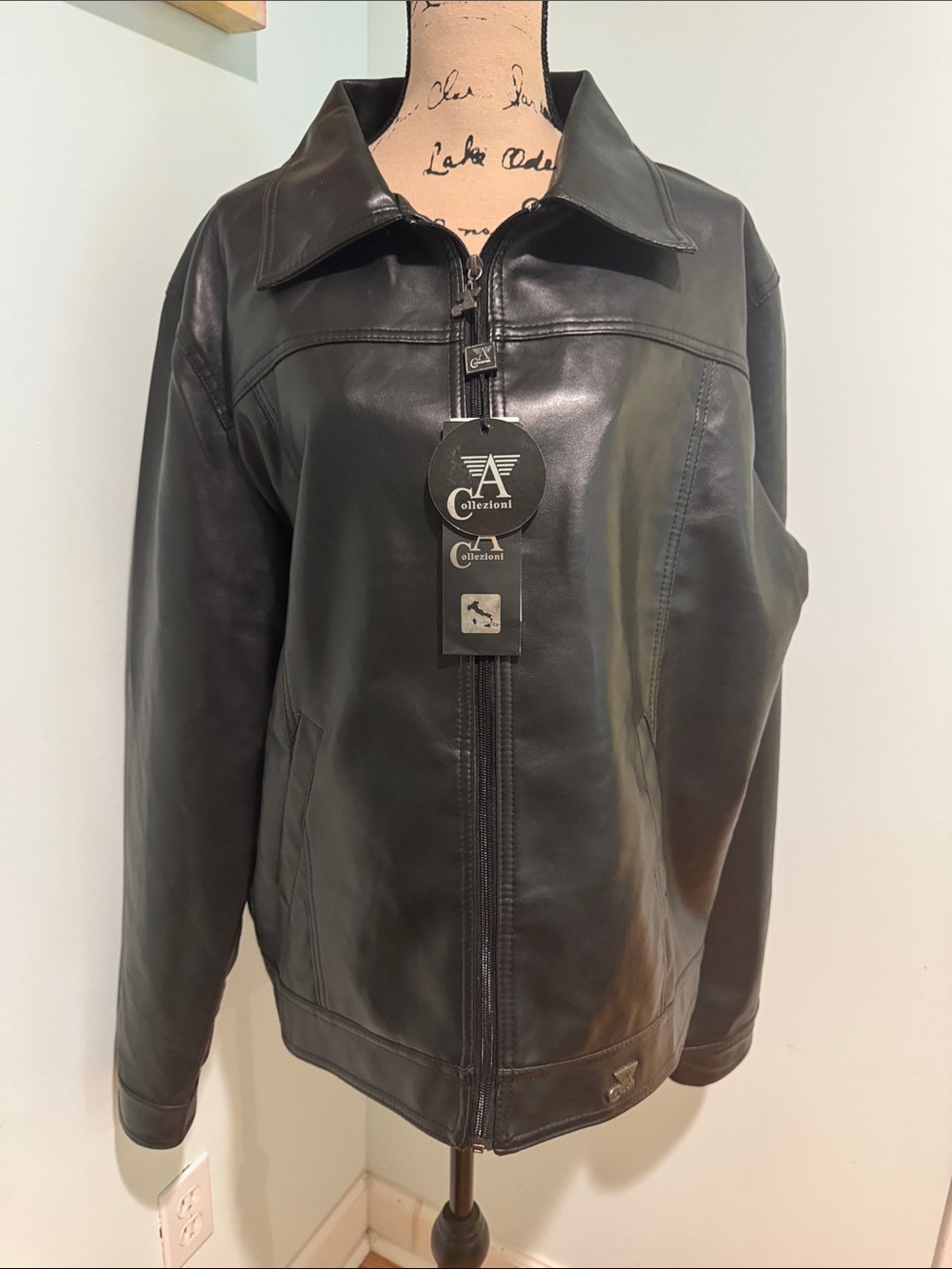 Vintage A Collezioni Black Leather Zip-Front Men's Jacket size XXL